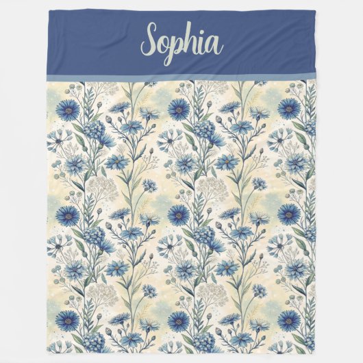 Personalized Name Blue Wildflowers フリースブランケット (正面)