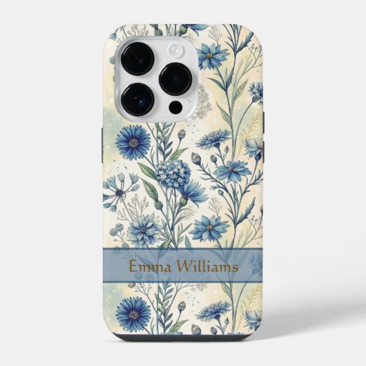 Personalized Name Blue Wildflowers iPhoneケース (裏面)