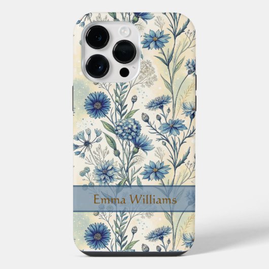 Personalized Name Blue Wildflowers iPhoneケース (裏面)