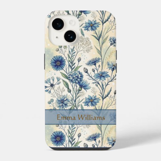 Personalized Name Blue Wildflowers iPhoneケース (裏面)