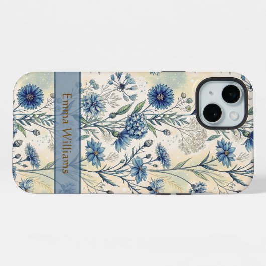 Personalized Name Blue Wildflowers iPhoneケース (裏面横)