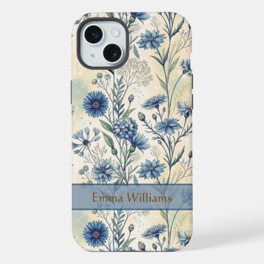 Personalized Name Blue Wildflowers iPhoneケース (裏面)