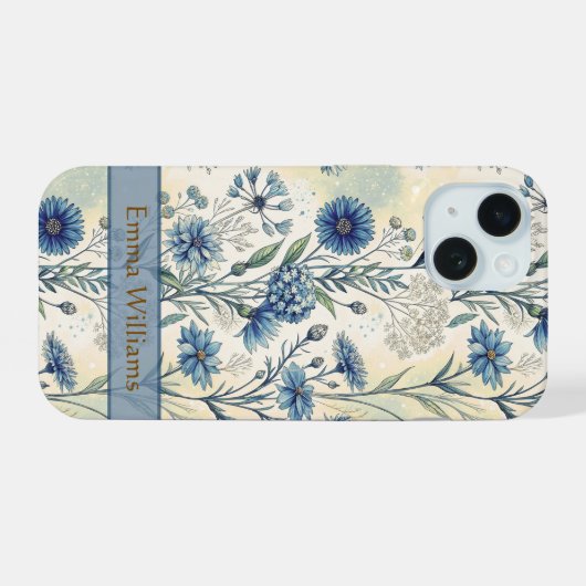 Personalized Name Blue Wildflowers iPhone 15ケース (裏面横)