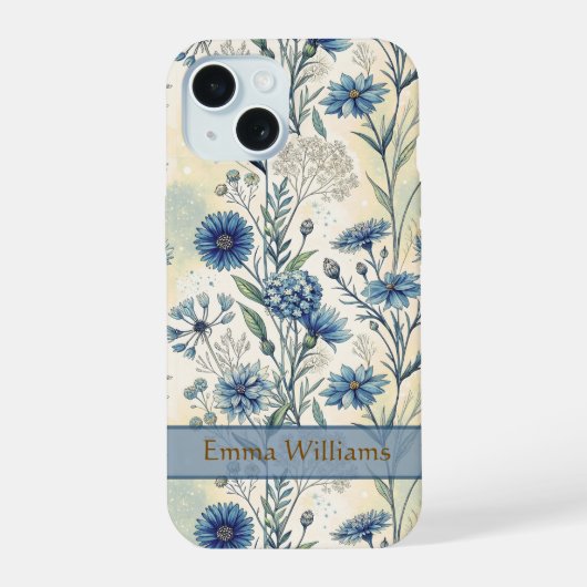 Personalized Name Blue Wildflowers iPhone 15ケース (裏面)