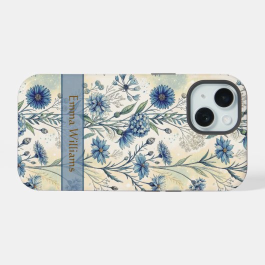 Personalized Name Blue Wildflowers iPhone 15ケース (裏面横)