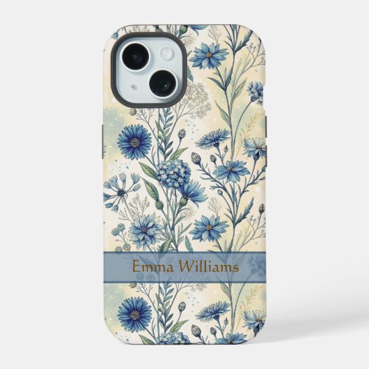 Personalized Name Blue Wildflowers iPhone 15ケース (裏面)