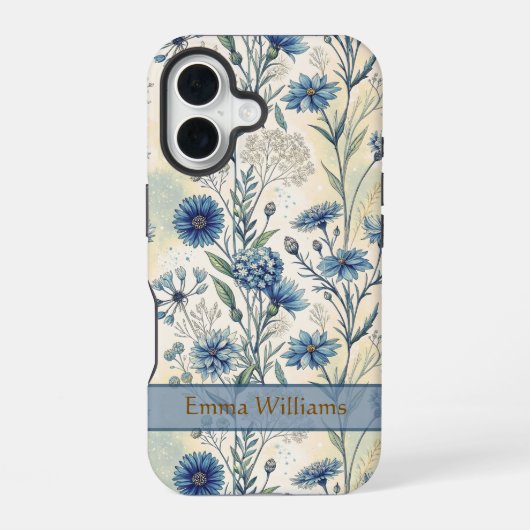Personalized Name Blue Wildflowers iPhone 16ケース (裏面)