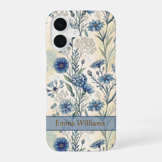 Personalized Name Blue Wildflowers iPhone 16ケース (裏面)