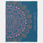 Personalized Name Boho Mandala Floral Blue Pink  フリースブランケット (正面)