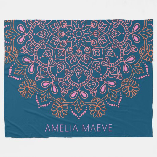 Personalized Name Boho Mandala Floral Blue Pink  フリースブランケット (正面(横))