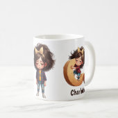 Personalized Name & C Sleepy Morning Plaid Charact コーヒーマグカップ (正面右)