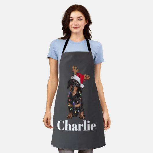 Personalized Name Christmas Dachshund Dog Lights エプロン (着用した状態)
