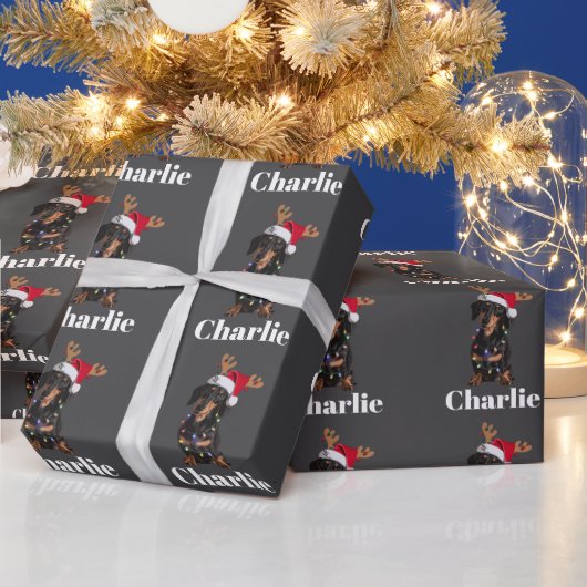 Personalized Name Christmas Dachshund Dog Lights ラッピングペーパー (クリスマス)