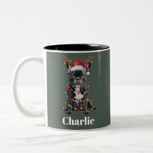 Personalized Name Christmas French Bulldog Dog  ツートーンマグカップ (左)