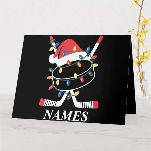 Personalized Name Christmas Hockey Xmas Santa Hat カード (黄色い花)