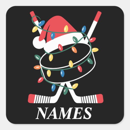 Personalized Name Christmas Hockey Xmas Santa Hat スクエアシール (正面)
