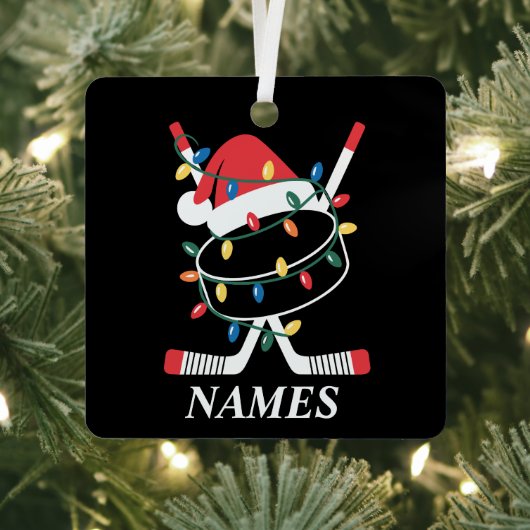 Personalized Name Christmas Hockey Xmas Santa Hat メタルオーナメント (インサイチュ)