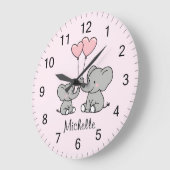 Personalized name Cute Elephant Mom & Baby Pink    ラージ壁時計 (傾斜)