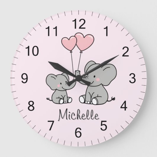 Personalized name Cute Elephant Mom & Baby Pink    ラージ壁時計 (正面)