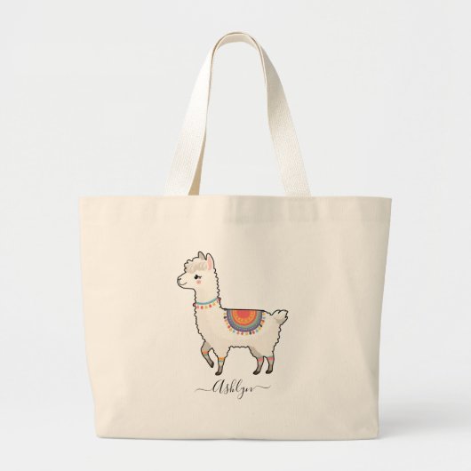 Personalized Name Cute Rainbow Llama ラージトートバッグ (正面)