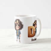 Personalized Name & D Sleepy Morning Plaid Charact コーヒーマグカップ (正面右)