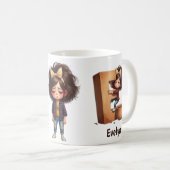 Personalized Name & E Sleepy Morning Plaid Charact コーヒーマグカップ (正面右)