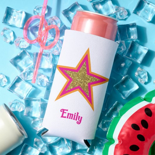 Personalized name elegant gold &pink star  スリム缶クーラー (インサイチュ 夏)