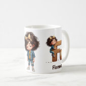 Personalized Name & F Sleepy Morning Plaid Charact コーヒーマグカップ (正面右)