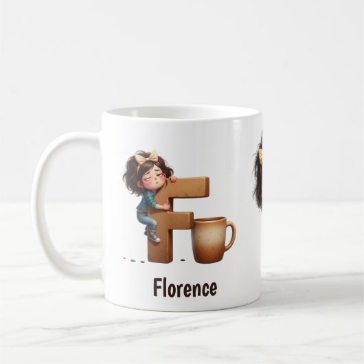 Personalized Name & F Sleepy Morning Plaid Charact コーヒーマグカップ (左)