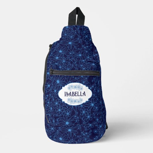 Personalized Name Feminine Blue Floral Pattern スリングバッグ (正面)