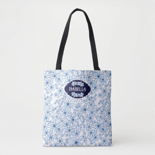 Personalized Name Feminine Blue Floral Pattern トートバッグ (正面)