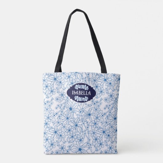 Personalized Name Feminine Blue Floral Pattern トートバッグ (裏面)