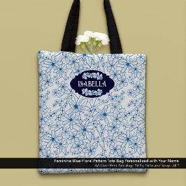 Personalized Name Feminine Blue Floral Pattern トートバッグ