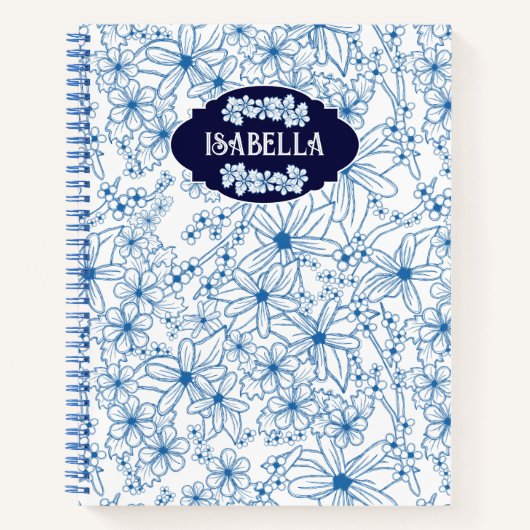 Personalized Name Feminine Blue Floral Pattern ノートブック (正面)