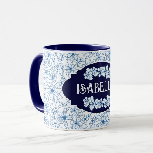 Personalized Name Feminine Blue Floral Pattern マグカップ (正面左)