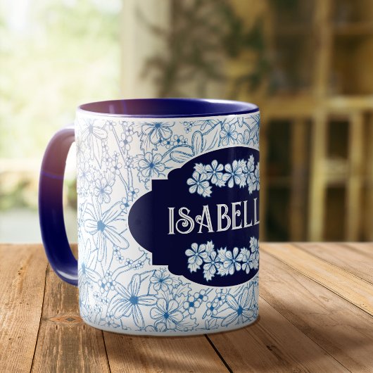 Personalized Name Feminine Blue Floral Pattern マグカップ