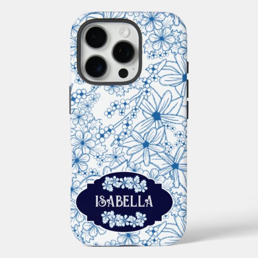 Personalized Name Feminine Blue Floral Pattern Case-Mate iPhoneケース (裏面)