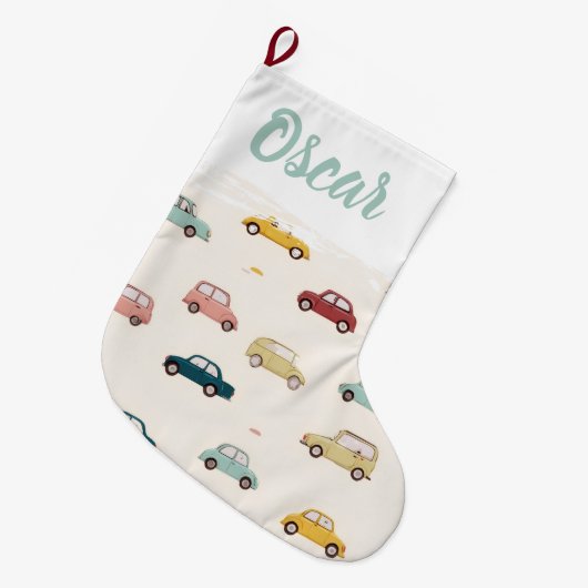 Personalized Name Festive Cars Christmas Stocking ラージクリスマスストッキング (正面 (吊り時))