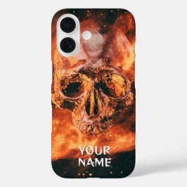 Personalized Name. Flaming skull in space iPhone 16ケース