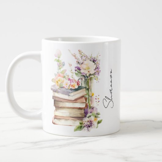 Personalized Name Floral Book Lover ジャンボコーヒーマグカップ (左)