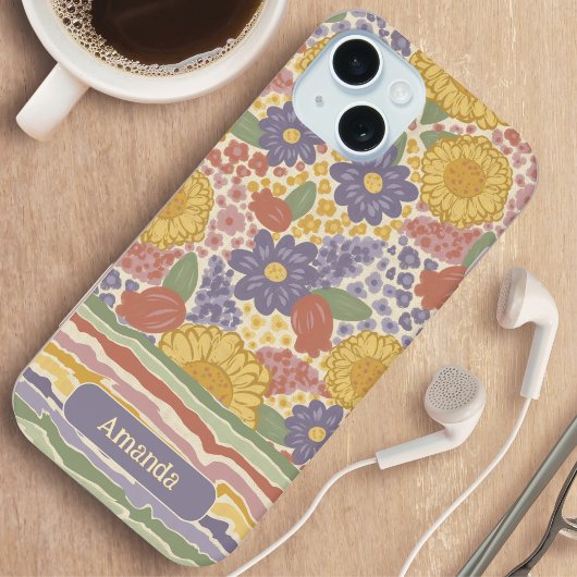 Personalized Name Floral Stripe Phone Case iPhone 15ケース