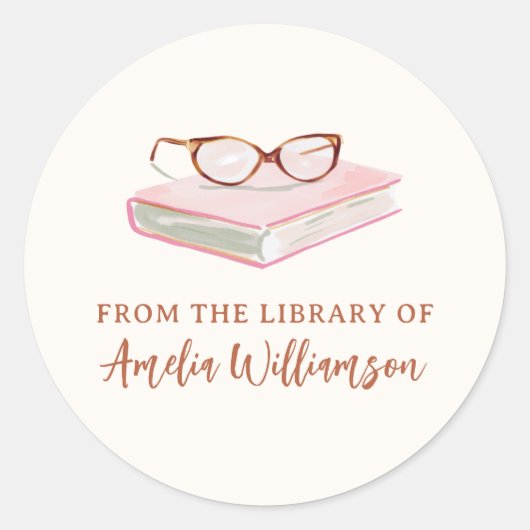 Personalized Name From The Library Pink Bookplate ラウンドシール (正面)