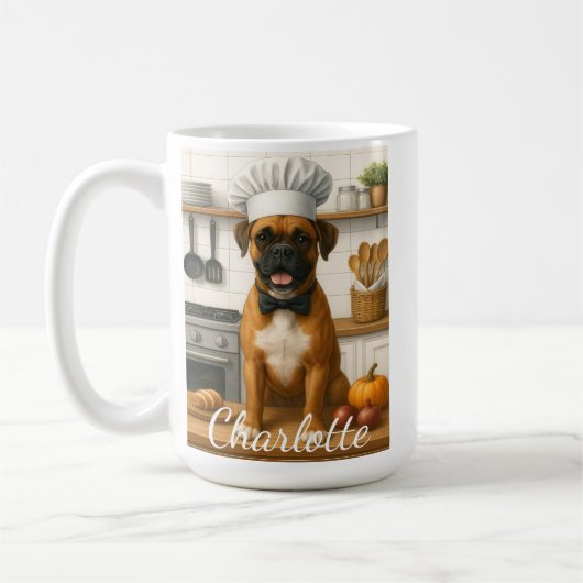 Personalized Name Funny Boxer Dog Loving Chef コーヒーマグカップ (左)