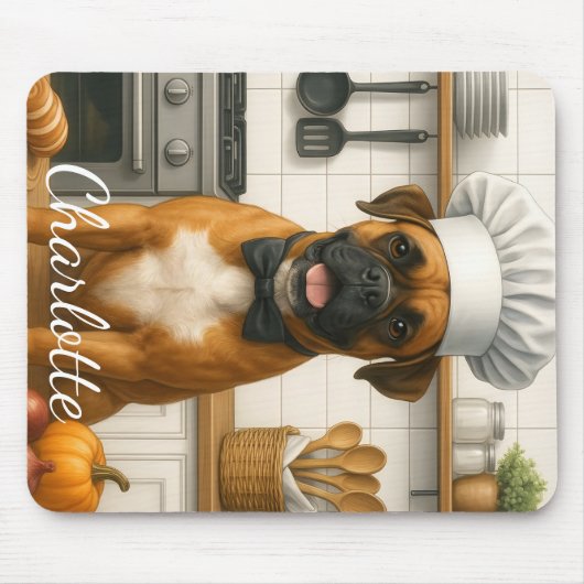 Personalized Name Funny Boxer Dog Loving Chef マウスパッド (正面)