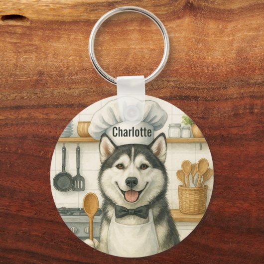 Personalized Name Funny Siberian Husky Dog Chef キーホルダー (正面)