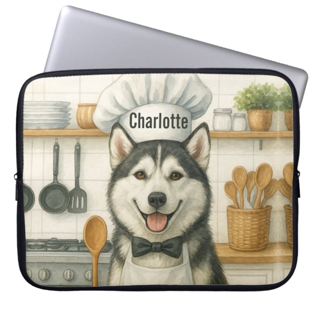 Personalized Name Funny Siberian Husky Dog Chef ラップトップスリーブ (正面)