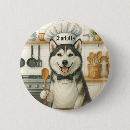 Personalized Name Funny Siberian Husky Dog Chef 缶バッジ (正面)