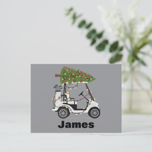 Personalized Name Golfer Christmas Golf Cart Xmas  シーズンポストカード (スタンド正面)