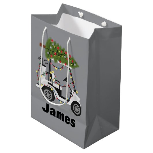 Personalized Name Golfer Christmas Golf Cart Xmas  ミディアムペーパーバッグ (正面アングル)