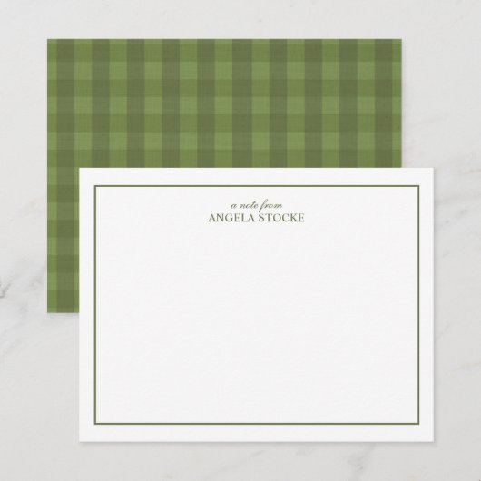Personalized Name Green Border Gingham ノートカード (正面/裏面)
